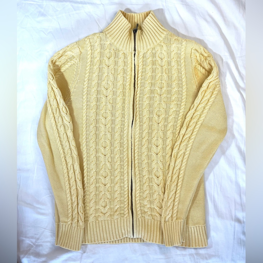 LL Bean Pastel Yellow Zip High Neck Cable Knit Cardigan Sweater Women’s Medium